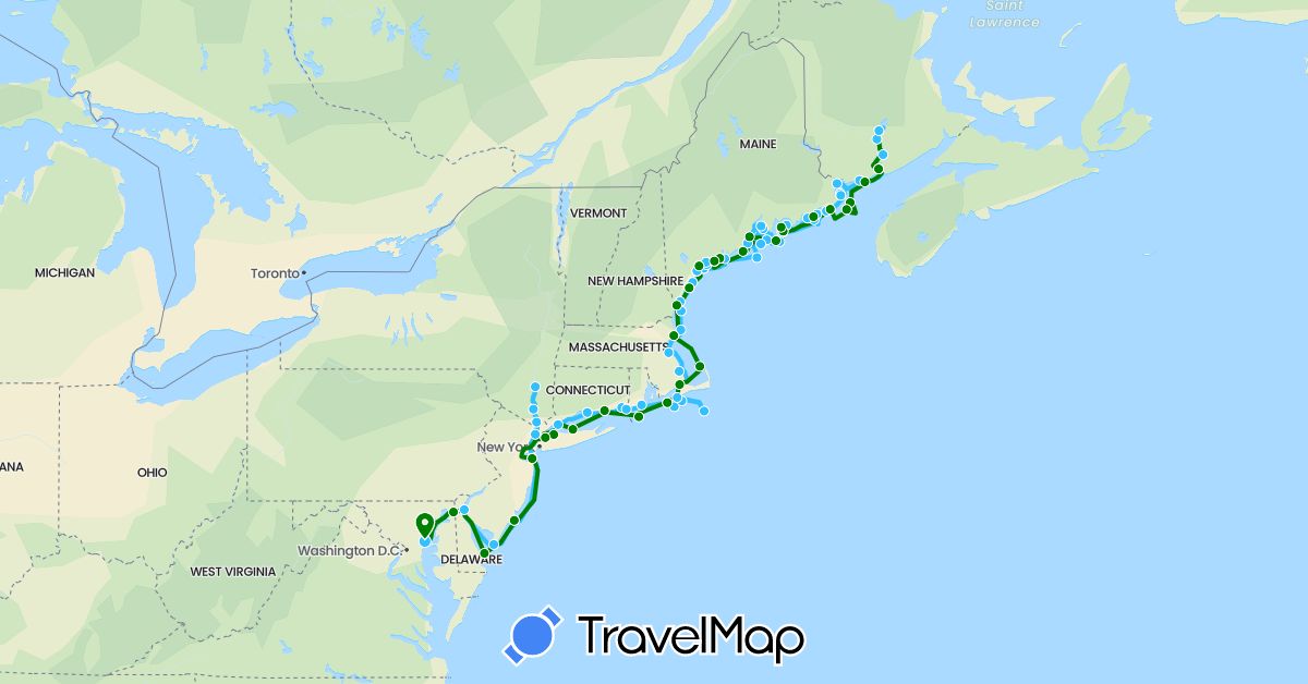 TravelMap itinerary: driving, boat, boat - return trip in Canada, United States (North America)
