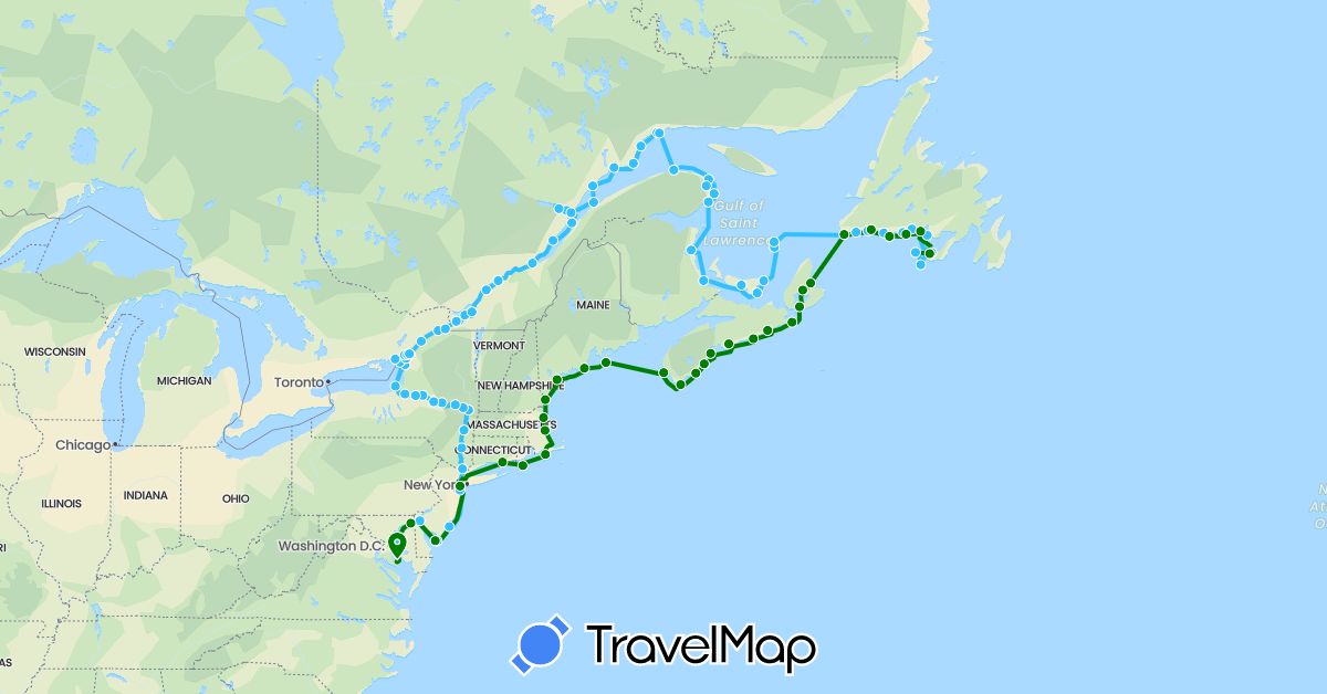 TravelMap itinerary: driving, boat, boat - return trip in Canada, France, United States (Europe, North America)